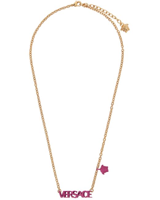 Versace Gold Burgundy Logo Charm Necklace