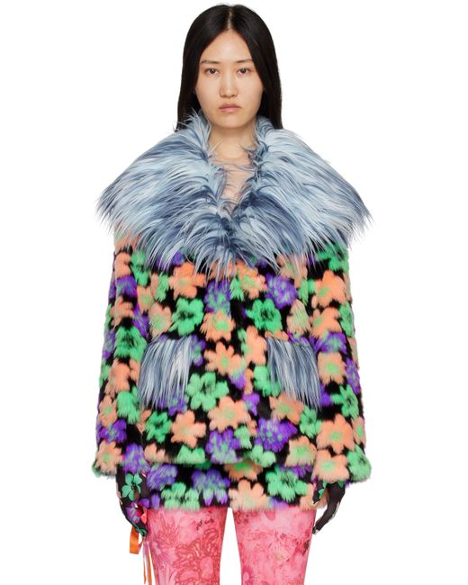 Shuting Qiu Blue Floral Faux-Fur Jacket