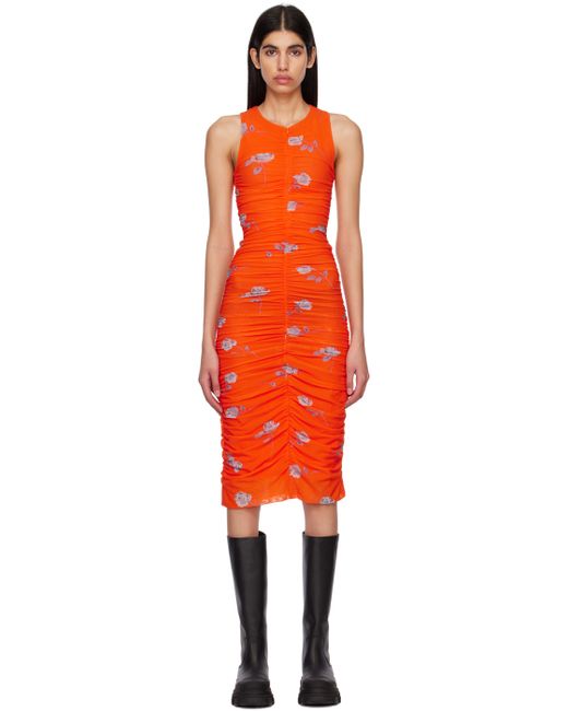 Ganni Printed Ruched Midi Dress