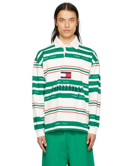 Tommy Jeans White Striped Rugby Long Sleeve Polo