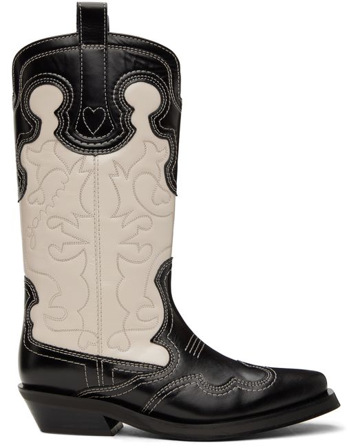 Ganni Off-White Embroidered Western Boots
