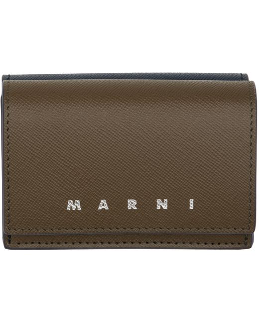 Marni Khaki Navy Saffiano Leather Trifold Wallet