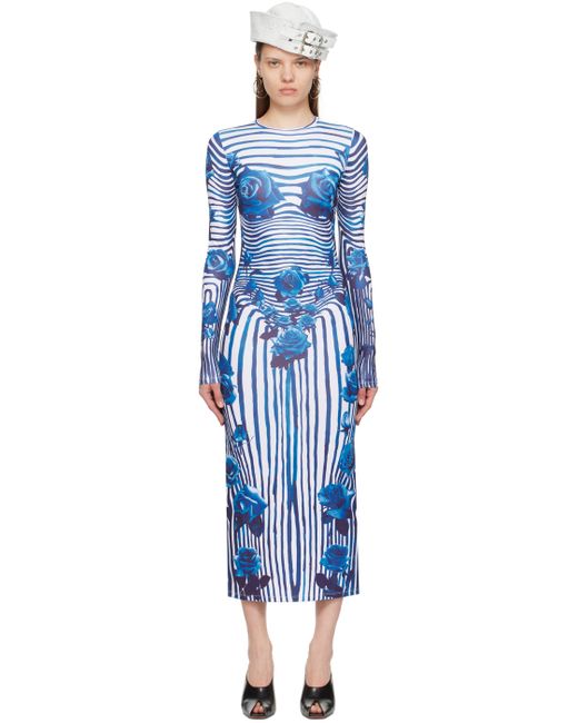 Jean Paul Gaultier White Blue Flower Body Morphing Maxi Dress