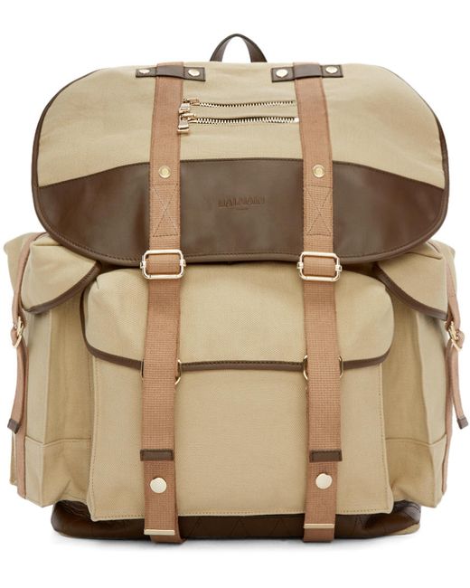 Balmain Beige Canvas and Leather Backpack
