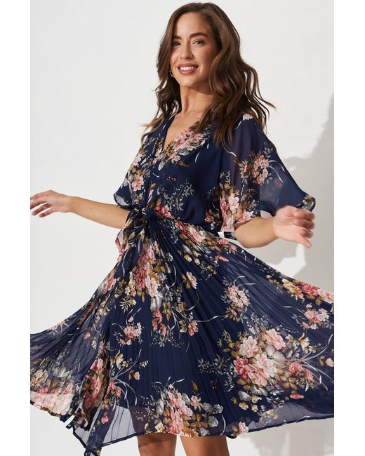 St.Frock Party Blakely Dress Flutter sleeve Navy Floral Chiffon by