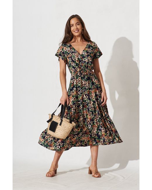 St.Frock Danelle Midi Dress Flutter sleeve Navy With Multi Floral by