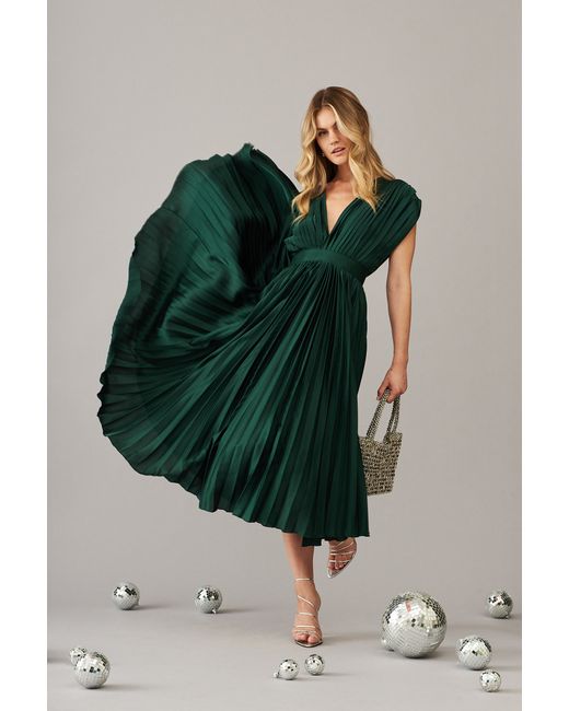 St.Frock Party Anetta Midi Dress Cap sleeve Pleated Emerald Satin by