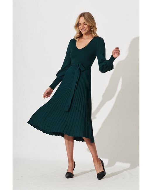 St.Frock Party Albi Midi Knit Dress Full length sleeve Emerald Cotton Blend by