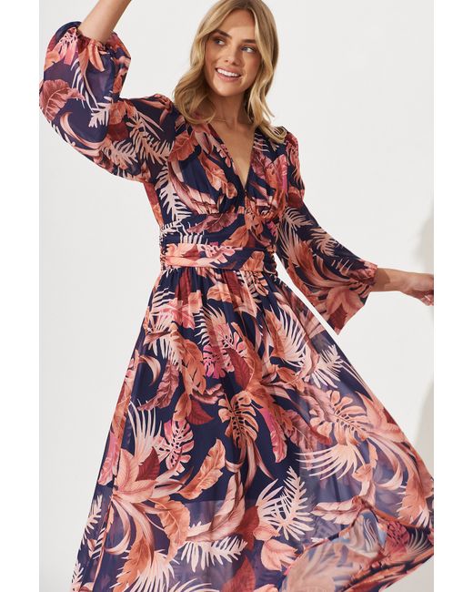 St.Frock Kristy Maxi Dress Full length sleeve Navy With Rust Floral Print by
