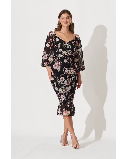 St.Frock Party Bernadine Midi Dress Full length sleeve With Multi Floral by