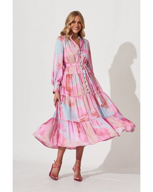 St.Frock Party Normani Midi Dress Full length sleeve Pink With Watercolour Chiffon by