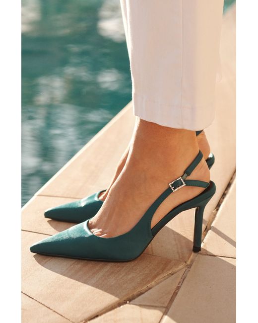 St.Frock Gala Closed Toe Slingback Stiletto Heels Teal Satin With Diamante Buckle by