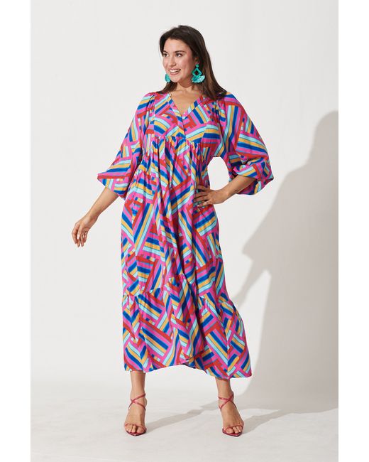 St.Frock Annika Midi Dress Full length sleeve Multi Geometric Print by