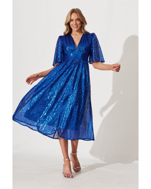 St.Frock Party Livorno Midi Dress Half sleeve Cobalt Sequin by