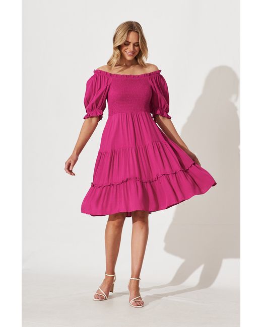St.Frock Benson Midi Dress Off the shoulder Magenta Bamboo Rayon by
