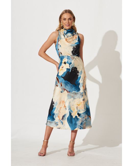 St.Frock Party Vision Of Love Midi Dress Sleeveless Multi Watercolour Satin by