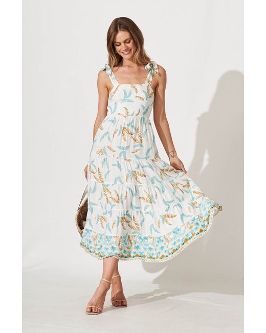 St.Frock Sunshine Maxi Dress Sleeveless White With Teal Leaf Print by