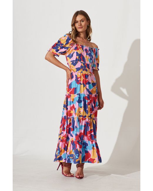 St.Frock Justina Maxi Dress Short sleeve Bright Multi Leaf Print by