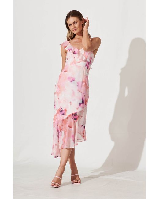 St.Frock Party Rosy Midi Dress Sleeveless Multi Floral Chiffon by