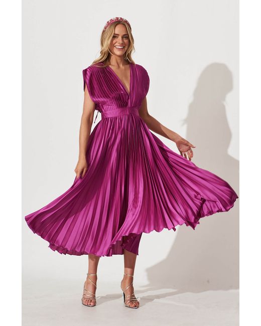 St.Frock Party Anetta Midi Dress Cap sleeve Pleated Magenta Satin by