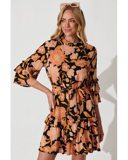 St.Frock Cecile Dress 3/4 sleeve With Rust Floral by