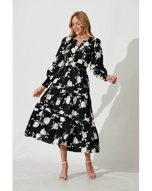 St.Frock Delphine Midi Dress Full length sleeve With Cream Floral Cotton by