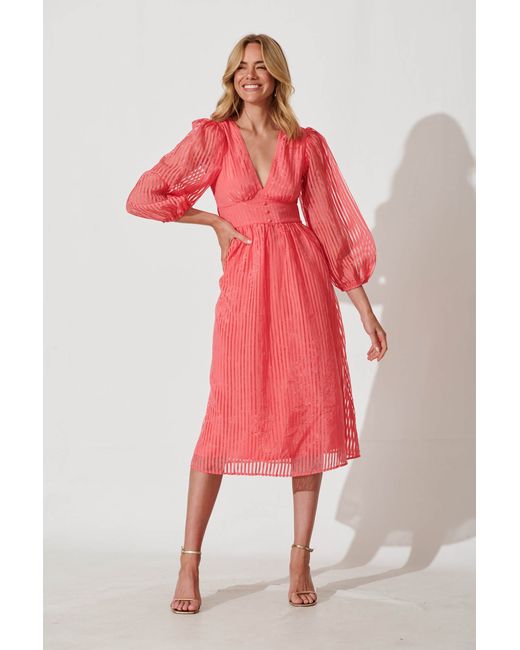 St.Frock Party Millen Midi Dress Full length sleeve Coral Organza by