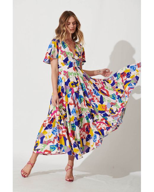 St.Frock Nevada Maxi Dress Flutter sleeve Bright Multi Leaf Print by