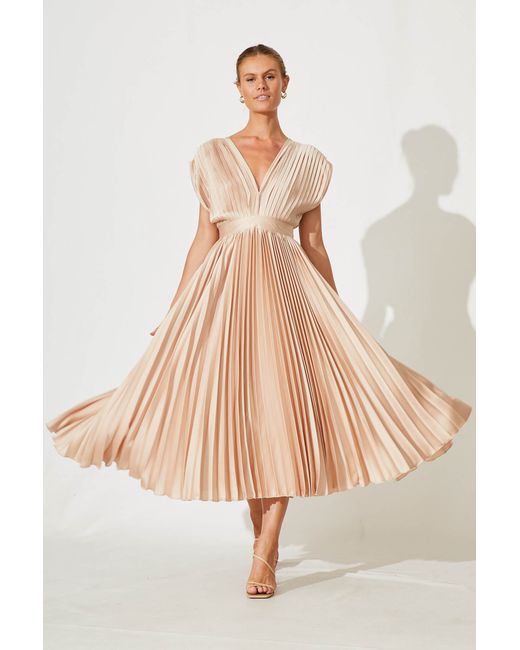 St.Frock Party Anetta Midi Dress Cap sleeve Pleated Champagne Satin by