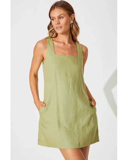 St.Frock Duet Dress Sleeveless Olive Pure Linen by