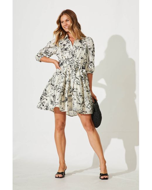St.Frock Pearsona Shirt Dress 3/4 sleeve Cream With Black Sketch Floral by