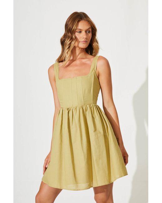 St.Frock Resort Dress Sleeveless Olive Linen Cotton by