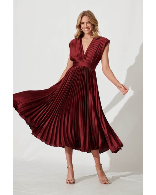 St.Frock Party Anetta Midi Dress Cap sleeve Pleated Wine Satin by