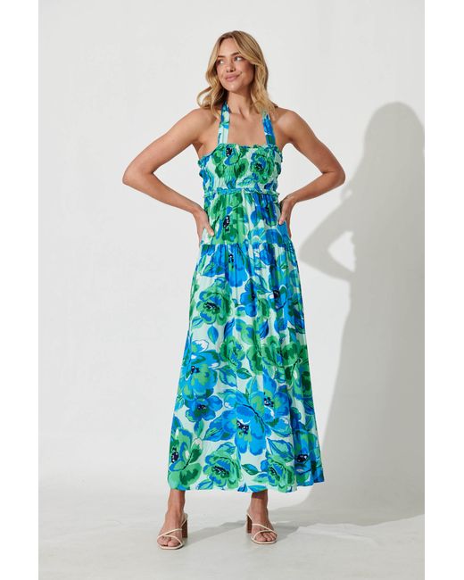 St.Frock Luisa Maxi Sundress Sleeveless Blue With Green Floral by