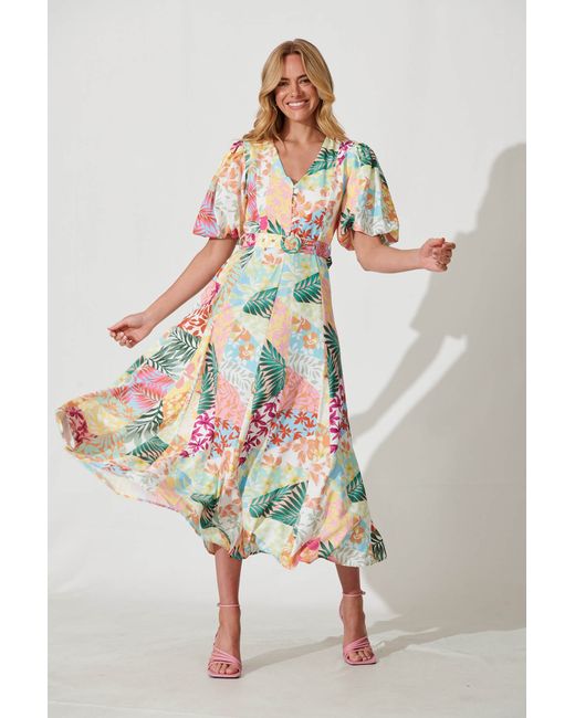 St.Frock Felice Maxi Dress Short sleeve Bright Leaf Patchwork Print by