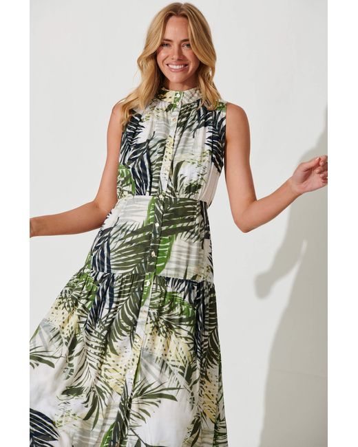 St.Frock Pierre Midi Dress Sleeveless With White Leaf Print by