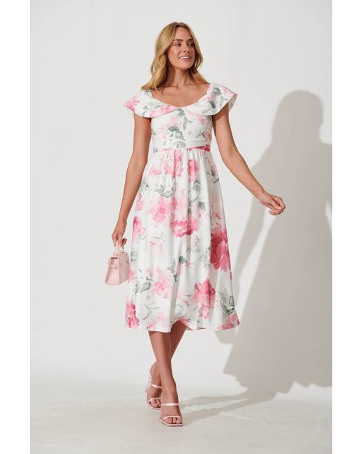 St.Frock Party Floraison Midi Dress Off the shoulder White With Floral Linen Blend by