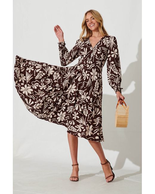 St.Frock Point Midi Dress Full length sleeve Chocolate With Cream Floral by