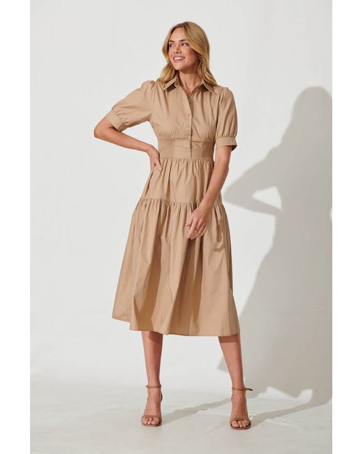 St.Frock Party Fairfax Midi Shirt Dress Short sleeve Taupe Cotton by