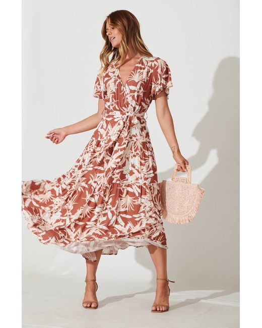 St.Frock Heidi Maxi Dress Flutter sleeve Rust Leaf Print by