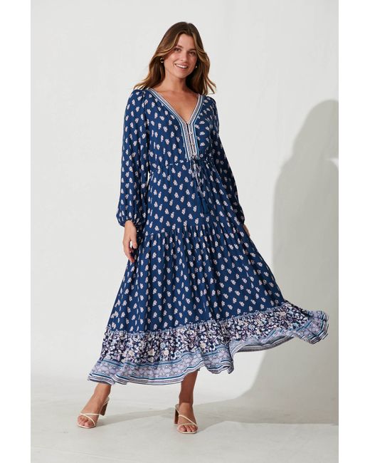 St.Frock Lovestruck Maxi Dress Full length sleeve Navy With Cream Floral Print by