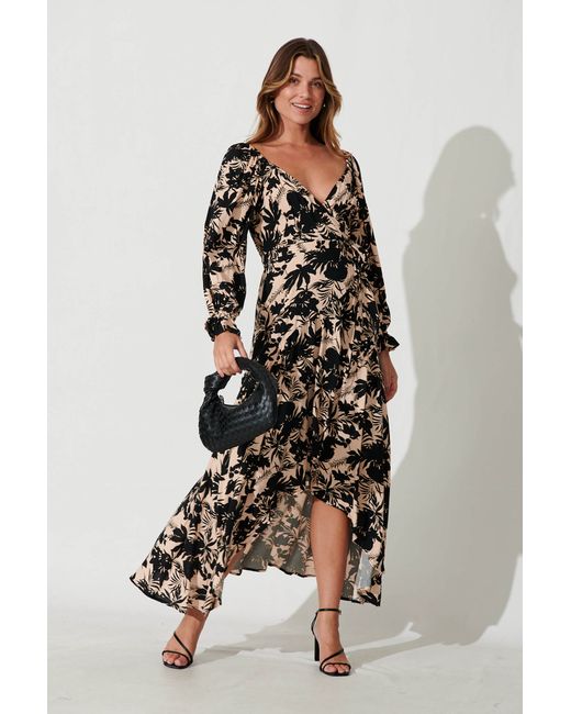St.Frock Panama Midi Wrap Dress Full length sleeve With Black Leaf Print by