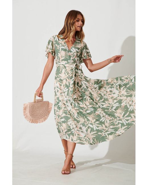St.Frock Heidi Maxi Dress Flutter sleeve Leaf Print by