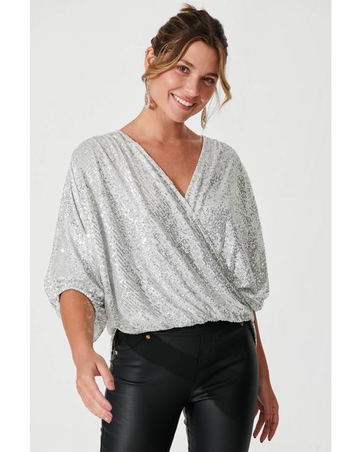 St.Frock Party Celebration Sequin Mock Wrap Top 3/4 sleeve by