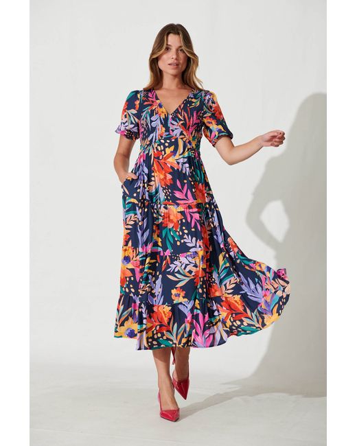 St.Frock Kami Maxi Dress Short sleeve Navy With Bright Leaf Print by