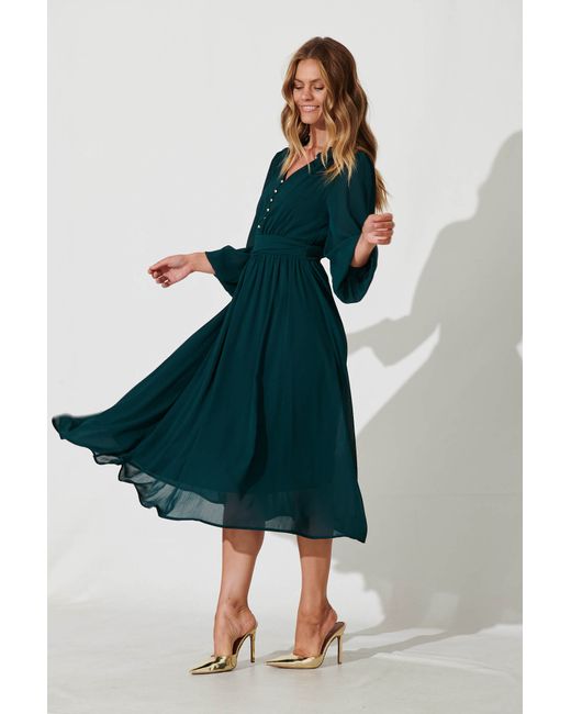 St.Frock Party Lustre Midi Dress Full length sleeve Emerald Chiffon by