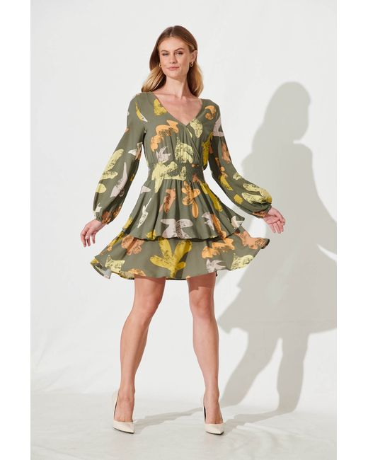 St.Frock Joelle Dress Full length sleeve Khaki Multi Print by