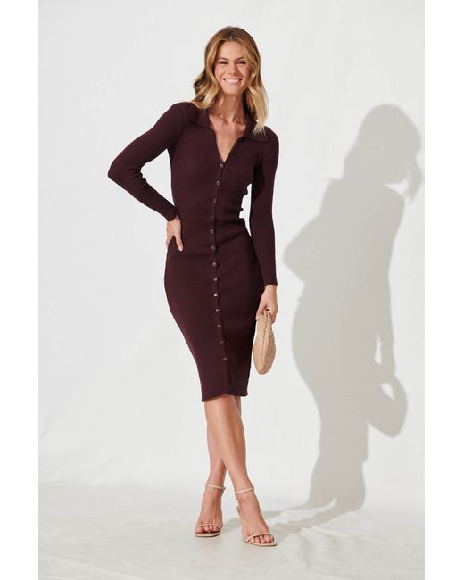 St.Frock Bellucci Midi Knit Dress Full length sleeve Coffee Cotton by