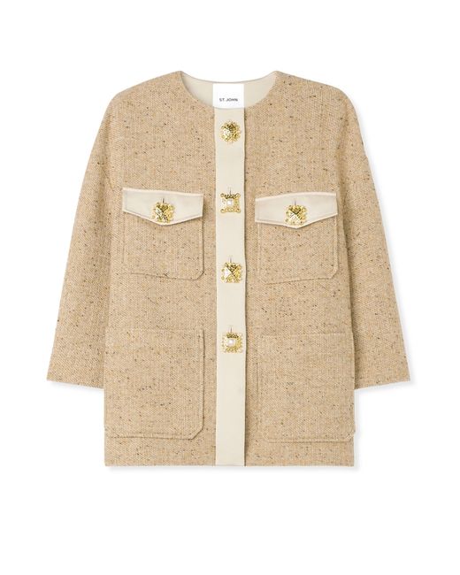 St. John Italian Tweed Contrast Trim Long Jacket