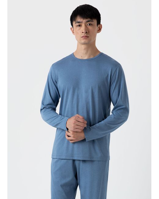 Sunspel Cotton Modal Lounge Long Sleeve T-shirt in Bluestone